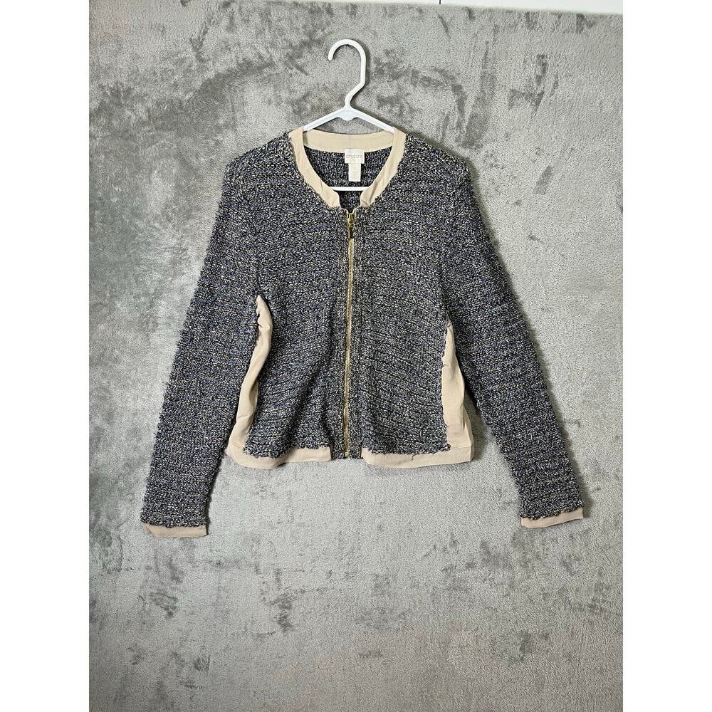Chico’s Shine Stitch Cardigan‎ Linen Textured Knit Zip Front Modern Chic MD New